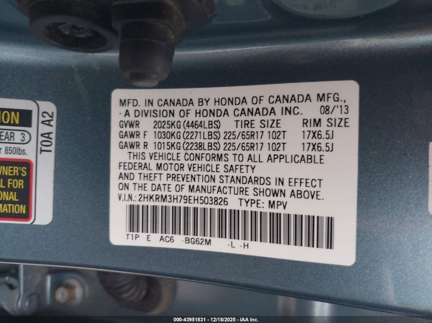 2014 Honda Cr-V Ex-L VIN: 2HKRM3H79EH503826 Lot: 43951831