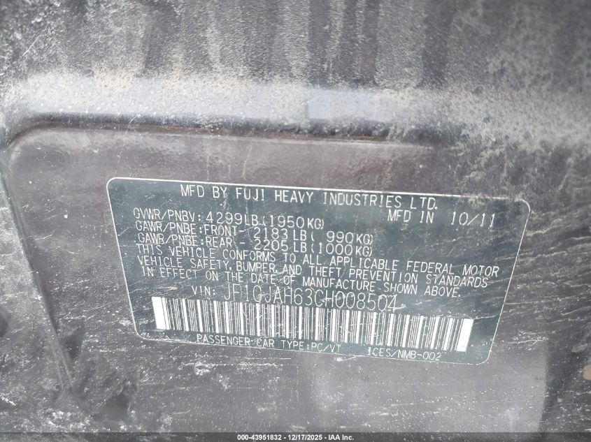 2012 Subaru Impreza 2.0I Limited VIN: JF1GJAH63CH008504 Lot: 43951832