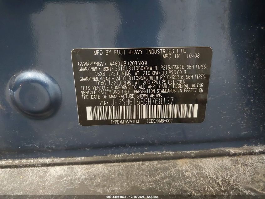 2009 Subaru Forester (Natl) X VIN: JF2SH61689H768137 Lot: 43951833