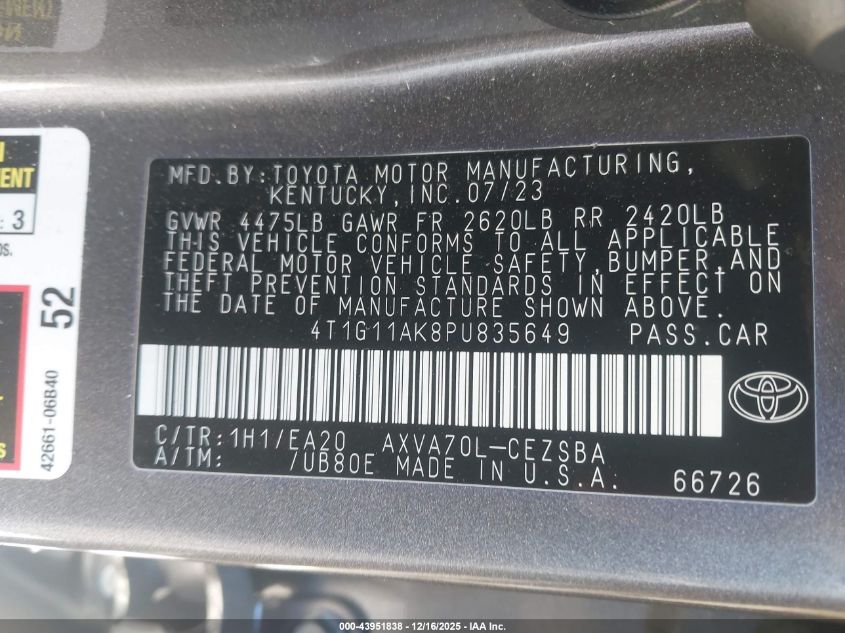 2023 Toyota Camry Se VIN: 4T1G11AK8PU835649 Lot: 43951838