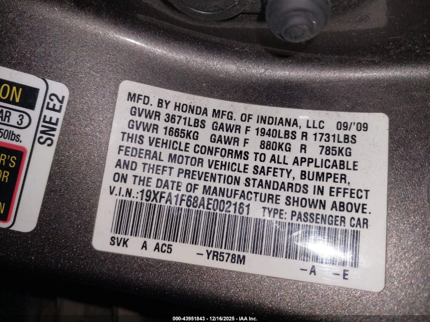 2010 Honda Civic Lx-S VIN: 19XFA1F68AE002161 Lot: 43951843
