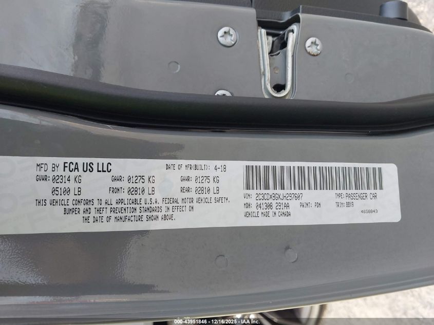 2018 Dodge Charger Sxt Rwd VIN: 2C3CDXBGXJH297607 Lot: 43951846