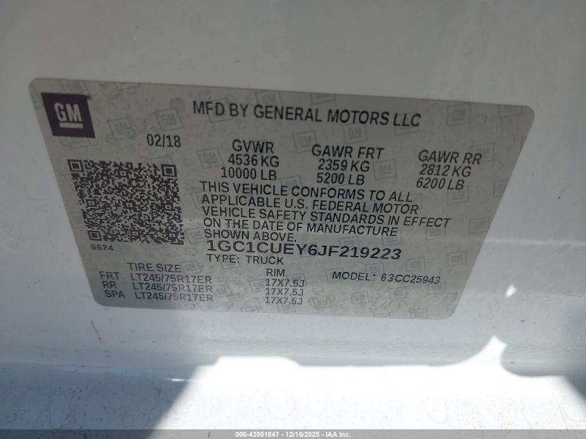 2018 Chevrolet Silverado 2500Hd Wt VIN: 1GC1CUEY6JF219223 Lot: 43951847