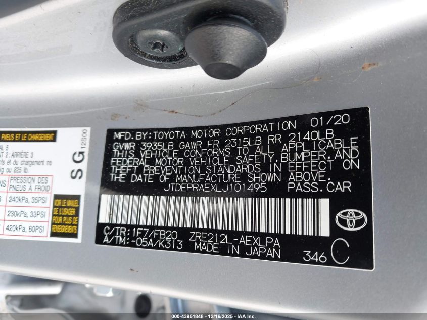 2020 Toyota Corolla Le VIN: JTDEPRAEXLJ101495 Lot: 43951848