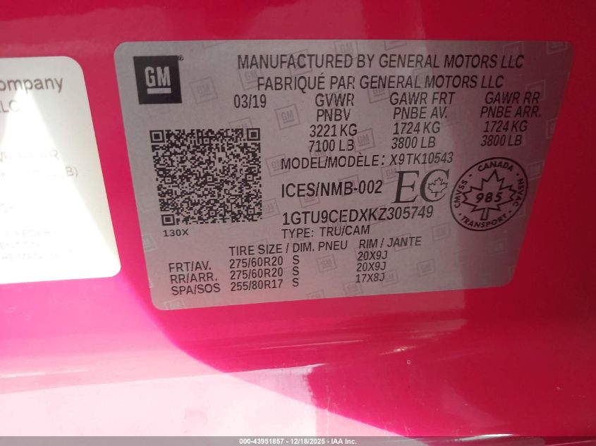 2019 GMC Sierra 1500 Elevation VIN: 1GTU9CEDXKZ305749 Lot: 43951857