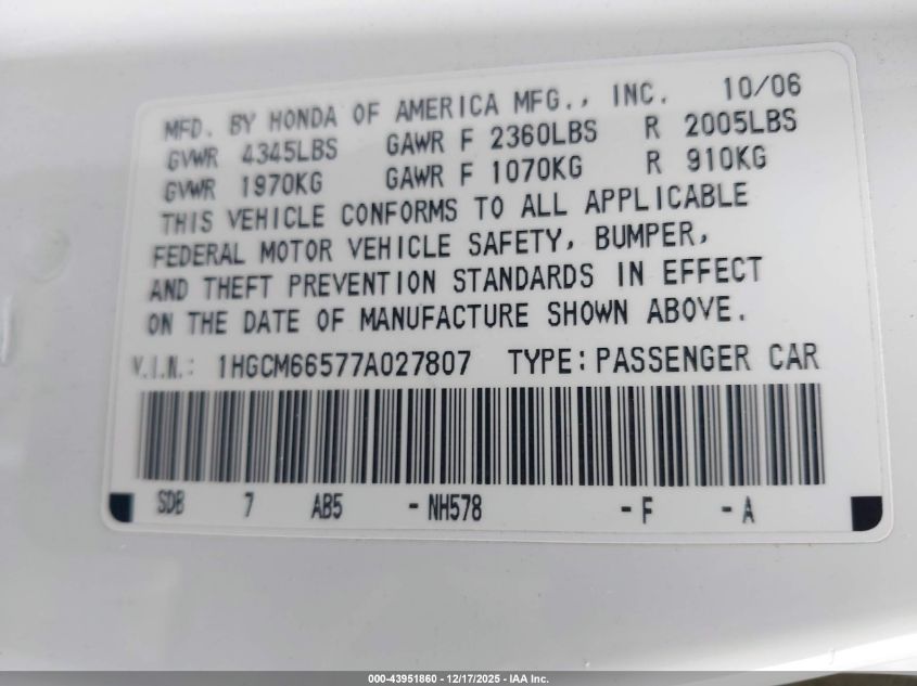2007 Honda Accord 3.0 Ex VIN: 1HGCM66577A027807 Lot: 43951860