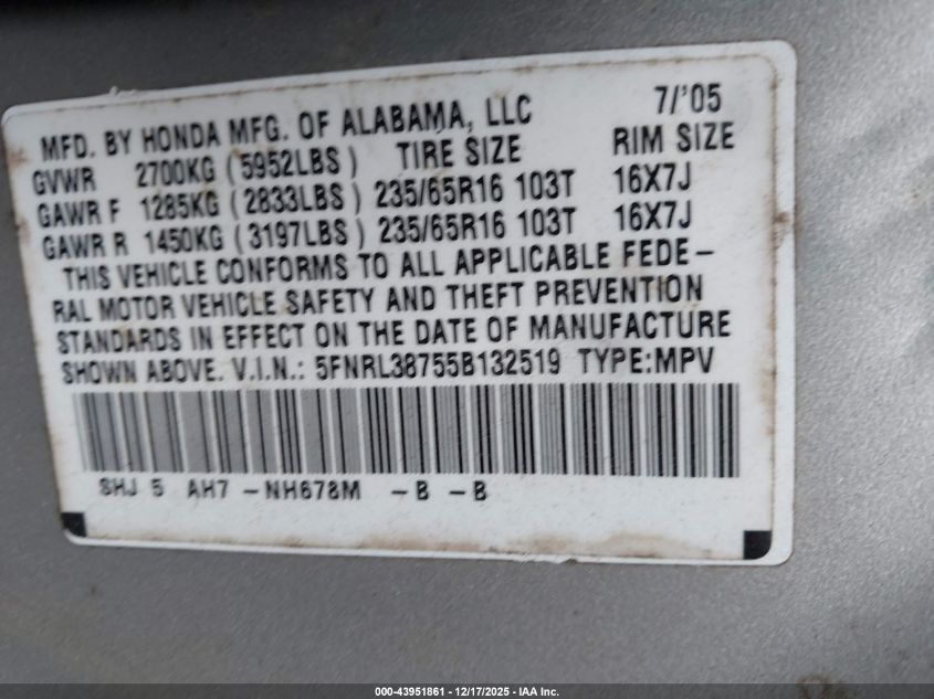 2005 Honda Odyssey Ex-L VIN: 5FNRL38755B132519 Lot: 43951861