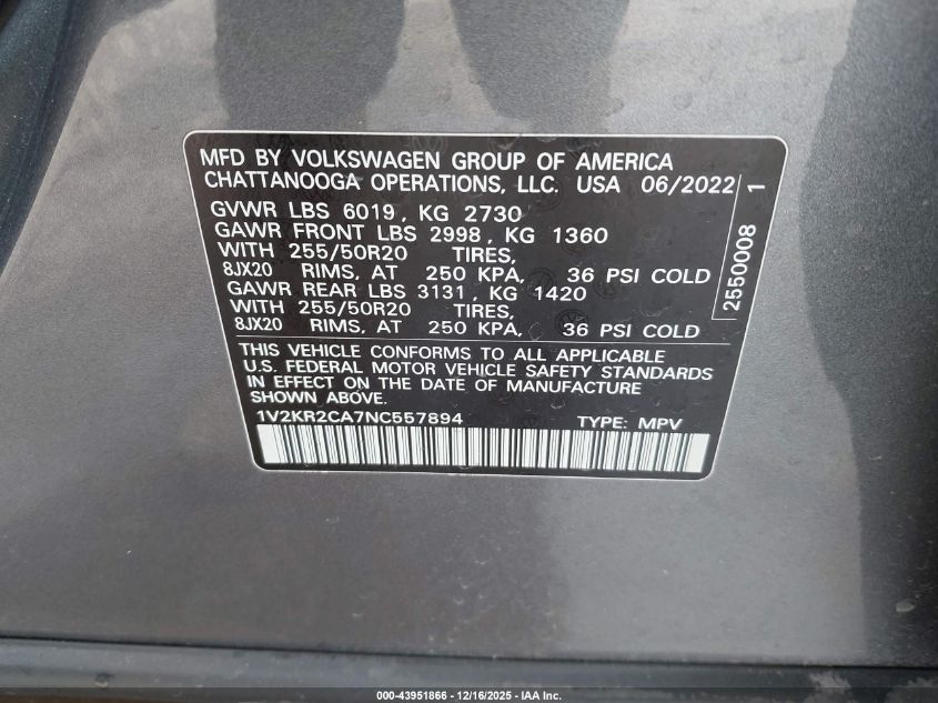 2022 Volkswagen Atlas 3.6L V6 Se W/Technology VIN: 1V2KR2CA7NC557894 Lot: 43951866