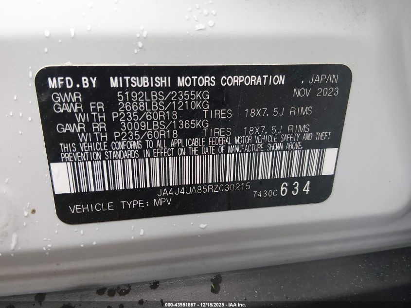 2024 Mitsubishi Outlander Es 2.5 S-Awc VIN: JA4J4UA85RZ030215 Lot: 43951867