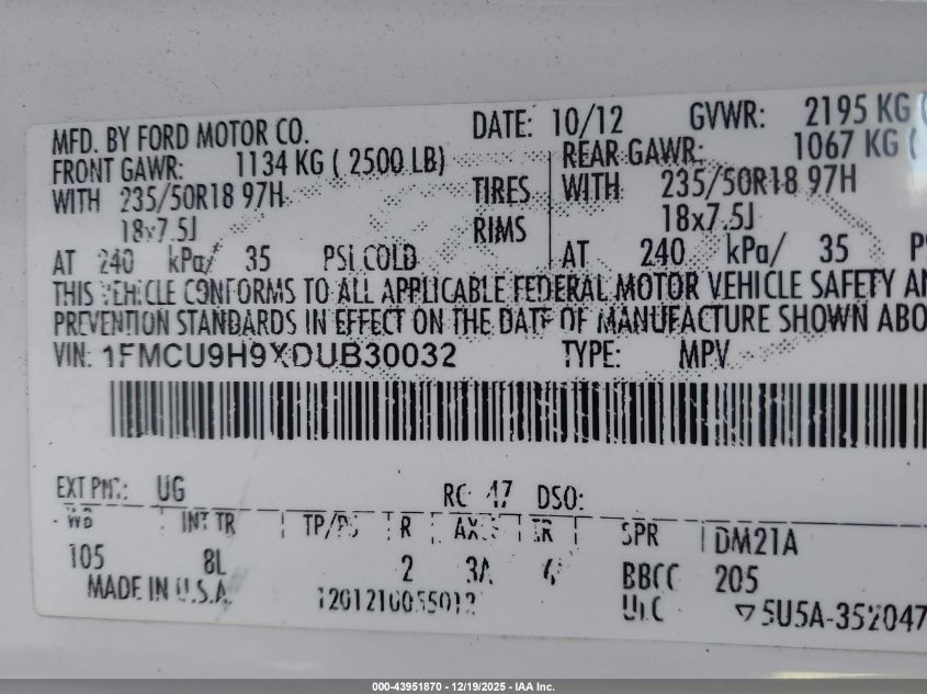 2013 Ford Escape Sel VIN: 1FMCU9H9XDUB30032 Lot: 43951870