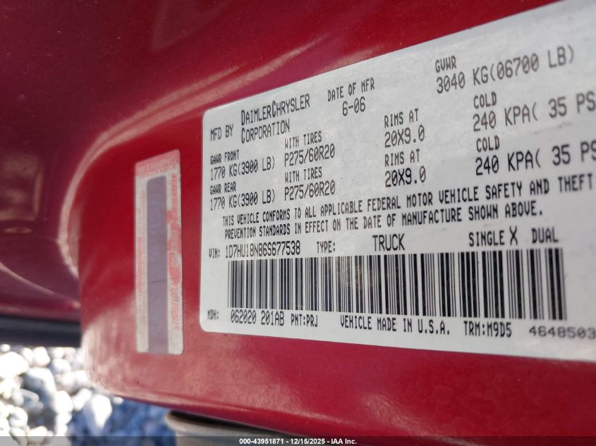 2006 Dodge Ram 1500 Slt/Trx4 Off Road/Sport VIN: 1D7HU18N86S677538 Lot: 43951871