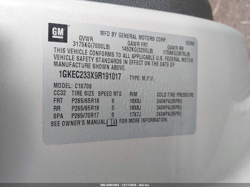 2009 GMC Yukon Sle1 VIN: 1GKEC233X9R191017 Lot: 43951883