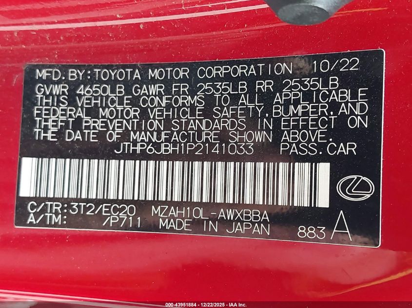 2023 Lexus Ux 250H Premium Fwd Premium VIN: JTHP6JBH1P2141033 Lot: 43951884