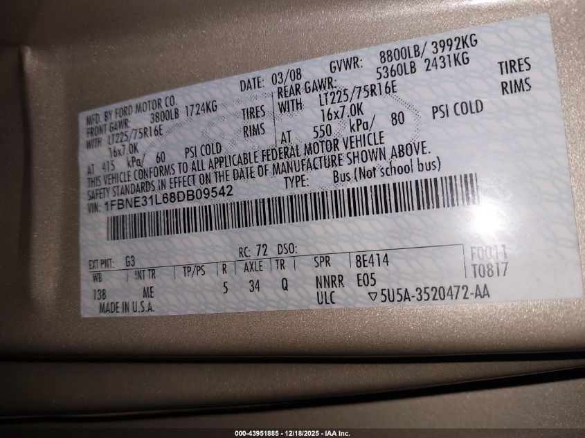 2008 Ford E-350 Super Duty Xl/Xlt VIN: 1FBNE31L68DB09542 Lot: 43951885