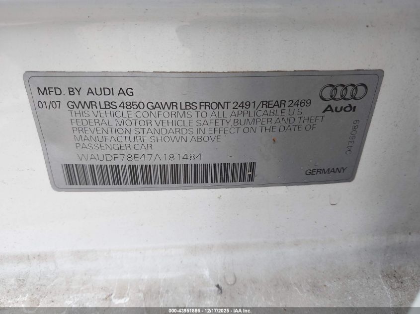 2007 Audi A4 2.0T VIN: WAUDF78E47A181484 Lot: 43951886