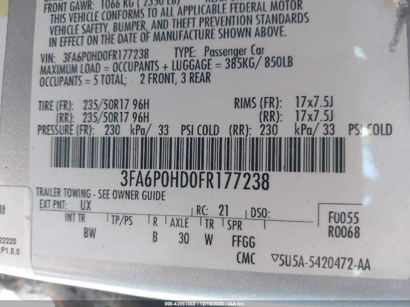 2015 Ford Fusion Se VIN: 3FA6P0HD0FR177238 Lot: 43951888