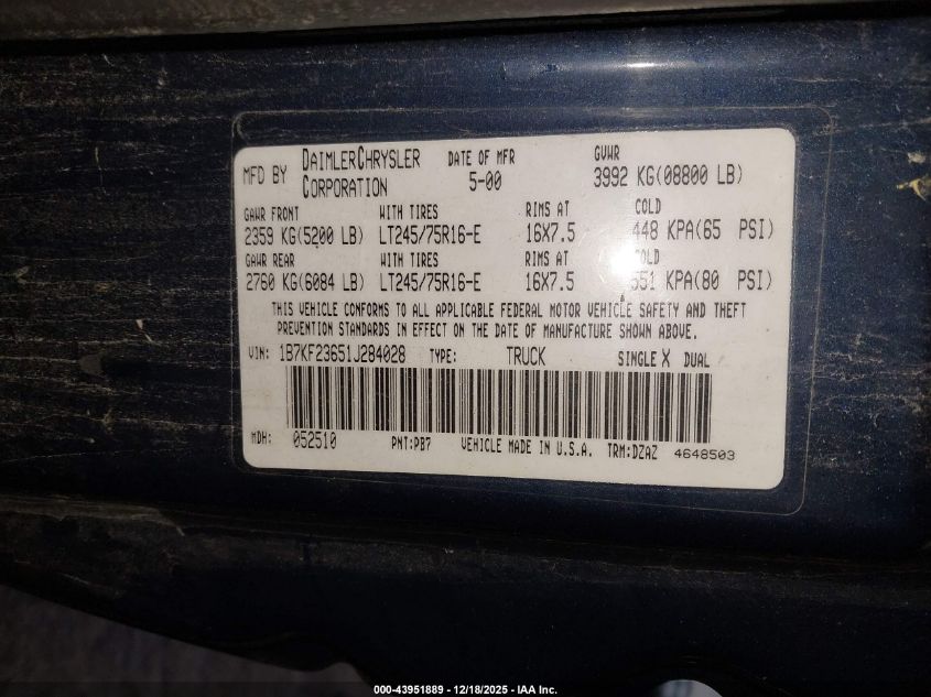 2001 Dodge Ram 2500 St VIN: 1B7KF23651J284028 Lot: 43951889