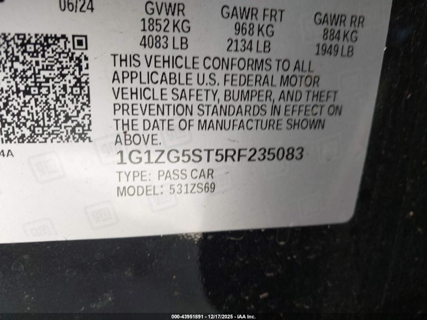 2024 Chevrolet Malibu Fwd Rs VIN: 1G1ZG5ST5RF235083 Lot: 43951891