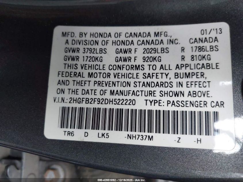 2013 Honda Civic Ex-L VIN: 2HGFB2F92DH522220 Lot: 43951892