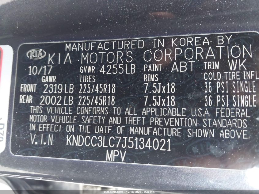 2018 Kia Niro Ex VIN: KNDCC3LC7J5134021 Lot: 43951895
