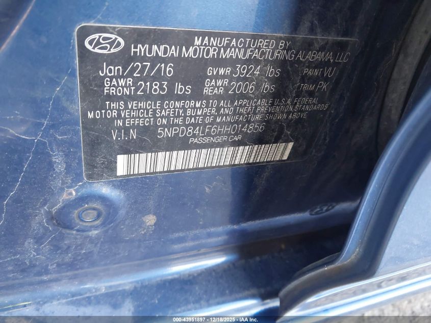 2017 Hyundai Elantra Se VIN: 5NPD84LF6HH014856 Lot: 43951897