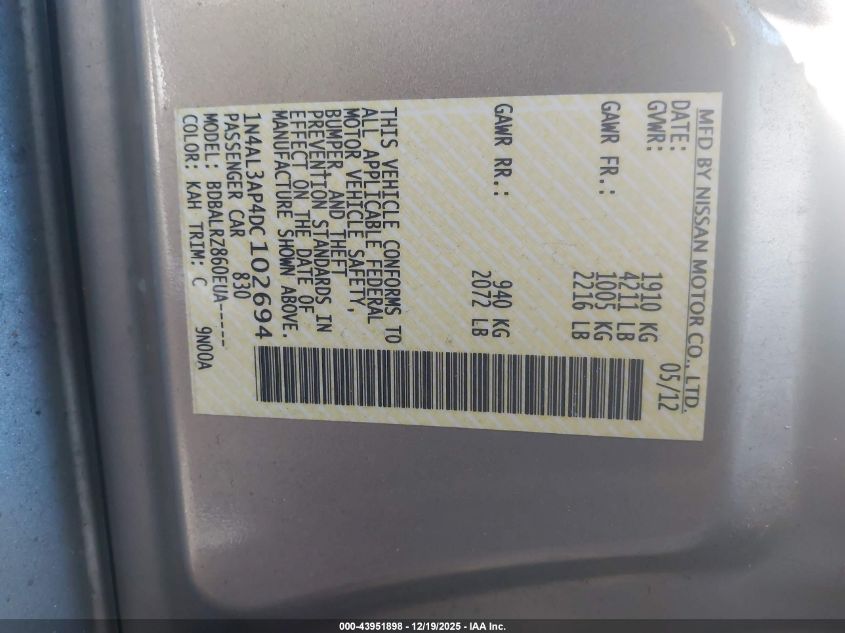 2013 Nissan Altima 2.5 S VIN: 1N4AL3AP4DC102694 Lot: 43951898