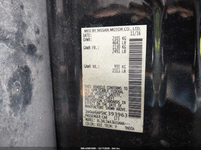 2017 Nissan Maxima 3.5 Sr VIN: 1N4AA6AP5HC393963 Lot: 43951899