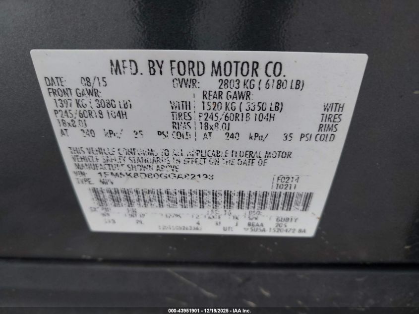 2016 Ford Explorer Xlt VIN: 1FM5K8D80GGA82193 Lot: 43951901