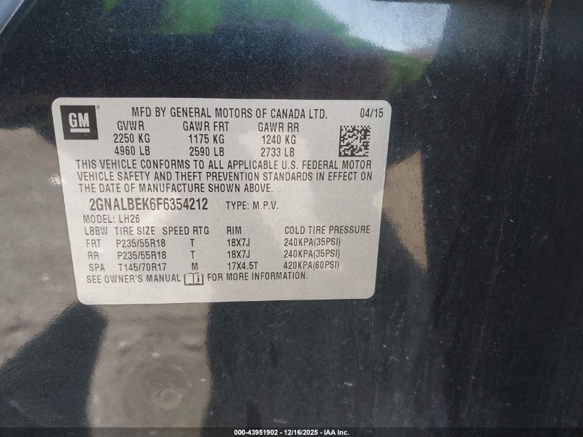 2015 Chevrolet Equinox 1Lt VIN: 2GNALBEK6F6354212 Lot: 43951902