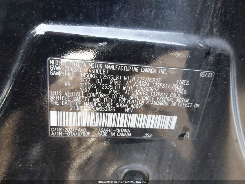 2013 Toyota Rav4 Xle VIN: 2T3RFREV5DW053826 Lot: 43951903