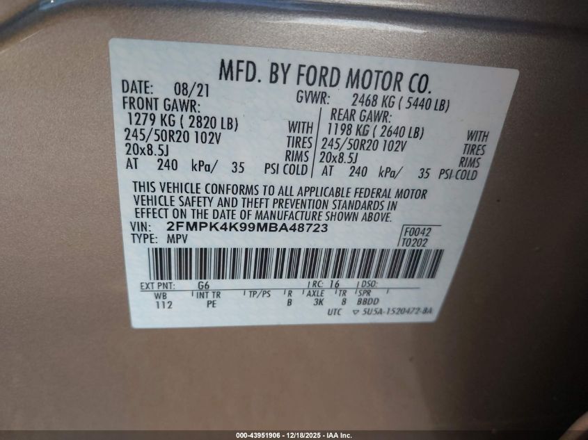 2021 Ford Edge Titanium VIN: 2FMPK4K99MBA48723 Lot: 43951906