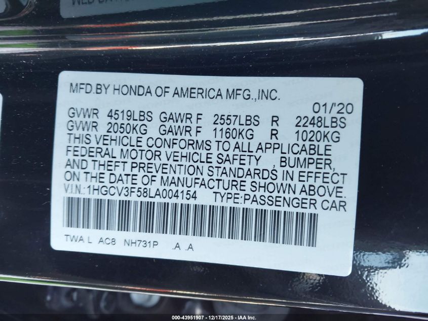 2020 Honda Accord Hybrid Ex-L VIN: 1HGCV3F58LA004154 Lot: 43951907