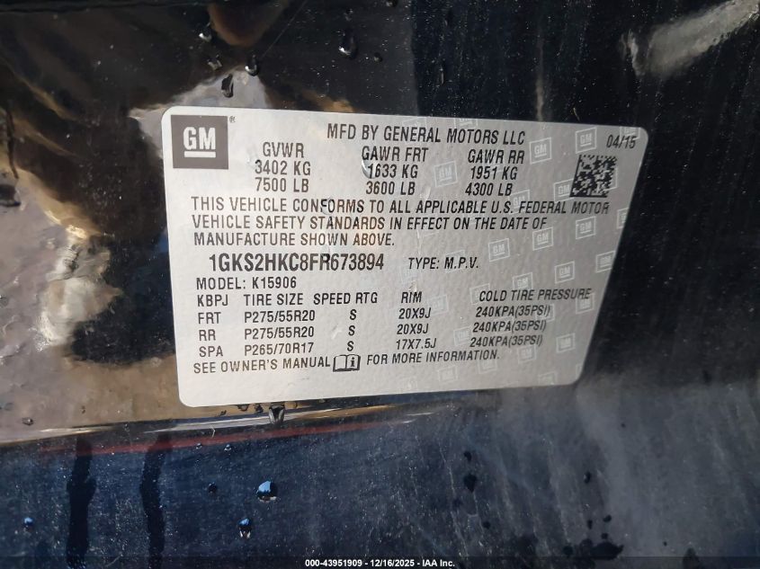 2015 GMC Yukon Xl 1500 Slt VIN: 1GKS2HKC8FR673894 Lot: 43951909