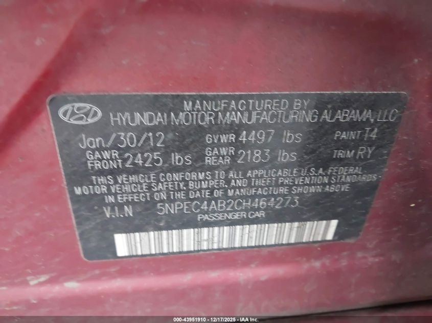 2012 Hyundai Sonata Se 2.0T VIN: 5NPEC4AB2CH464273 Lot: 43951910