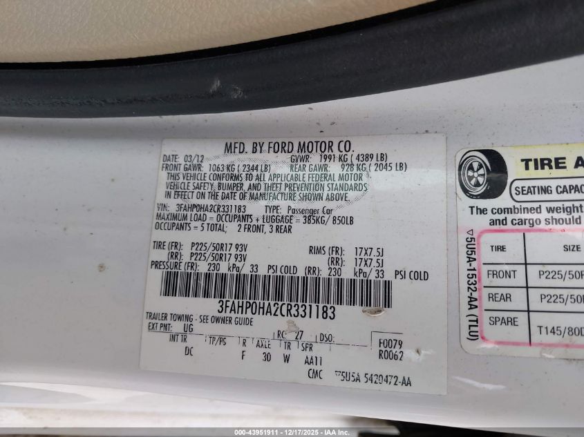 2012 Ford Fusion Se VIN: 3FAHP0HA2CR331183 Lot: 43951911