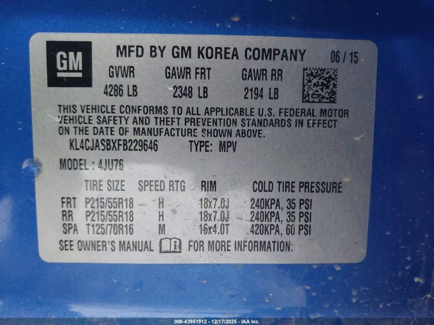 2015 Buick Encore VIN: KL4CJASBXFB229646 Lot: 43951912