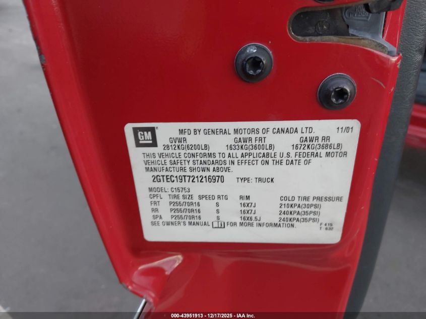 2002 GMC Sierra 1500 Sle VIN: 2GTEC19T721216970 Lot: 43951913