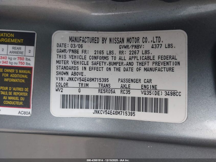 2006 Infiniti G35 VIN: JNKCV54E46M715395 Lot: 43951914