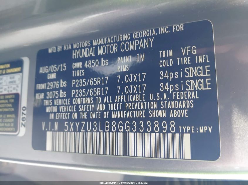 2016 Hyundai Santa Fe Sport 2.4L VIN: 5XYZU3LB8GG333898 Lot: 43951916