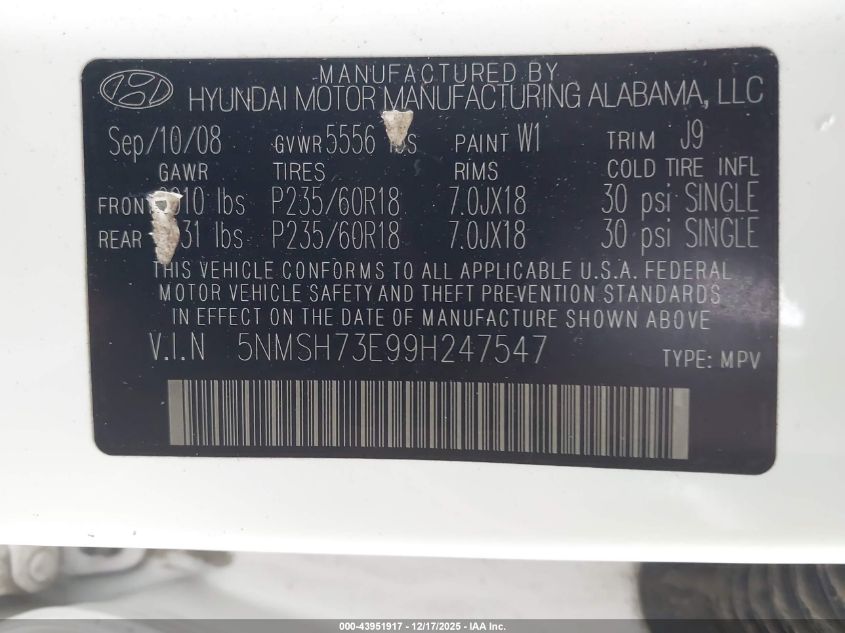 2009 Hyundai Santa Fe Limited VIN: 5NMSH73E99H247547 Lot: 43951917