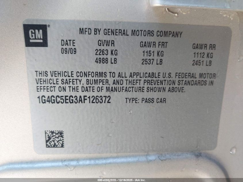 2010 Buick Lacrosse Cxl VIN: 1G4GC5EG3AF126372 Lot: 43951919