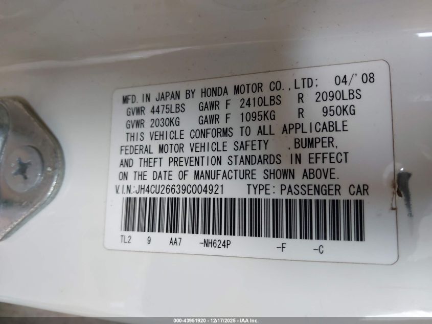 2009 Acura Tsx VIN: JH4CU26639C004921 Lot: 43951920