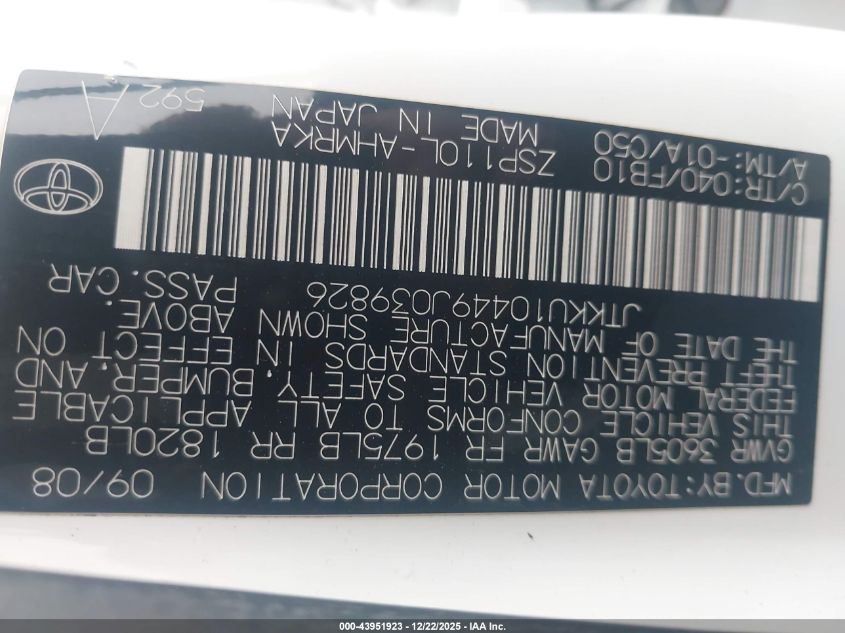 2009 Scion Xd VIN: JTKKU10449J039826 Lot: 43951923