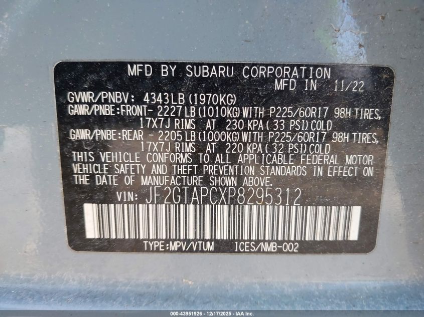 2023 Subaru Crosstrek Premium VIN: JF2GTAPCXP8295312 Lot: 43951926