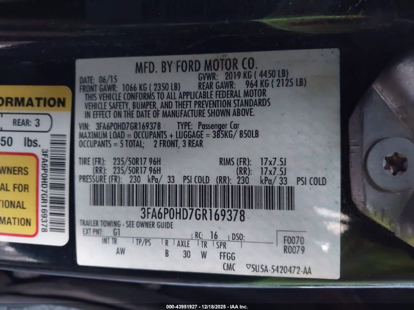 2016 Ford Fusion Se VIN: 3FA6P0HD7GR169378 Lot: 43951927