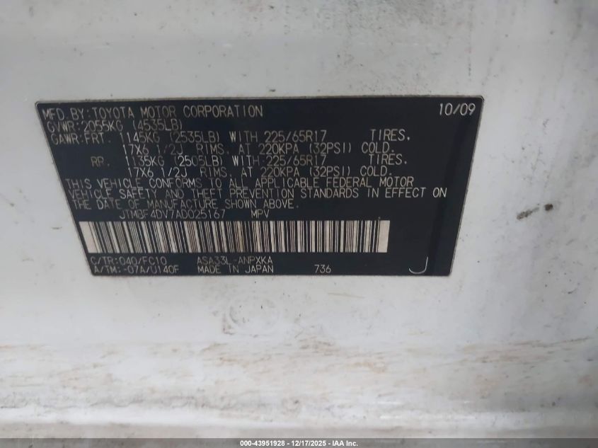 2010 Toyota Rav4 VIN: JTMBF4DV7AD025167 Lot: 43951928