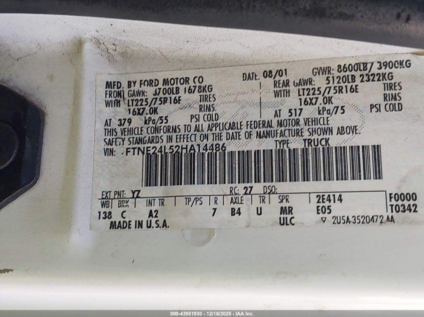 2002 Ford E-250 Commercial/Recreational VIN: 1FTNE24L52HA14486 Lot: 43951930