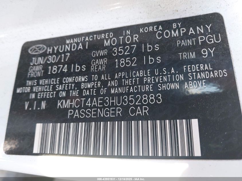 2017 Hyundai Accent Value Edition VIN: KMHCT4AE3HU352883 Lot: 43951931