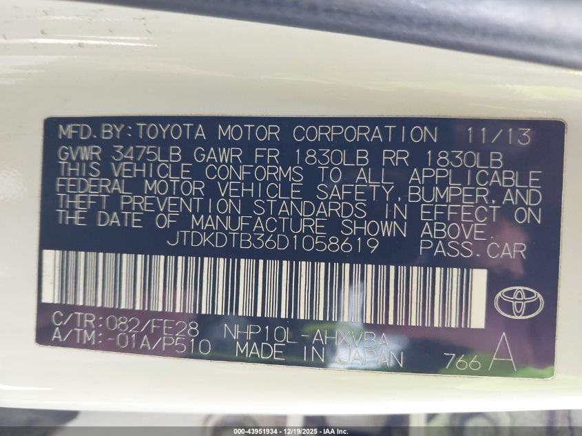 2013 Toyota Prius C One VIN: JTDKDTB36D1058619 Lot: 43951934