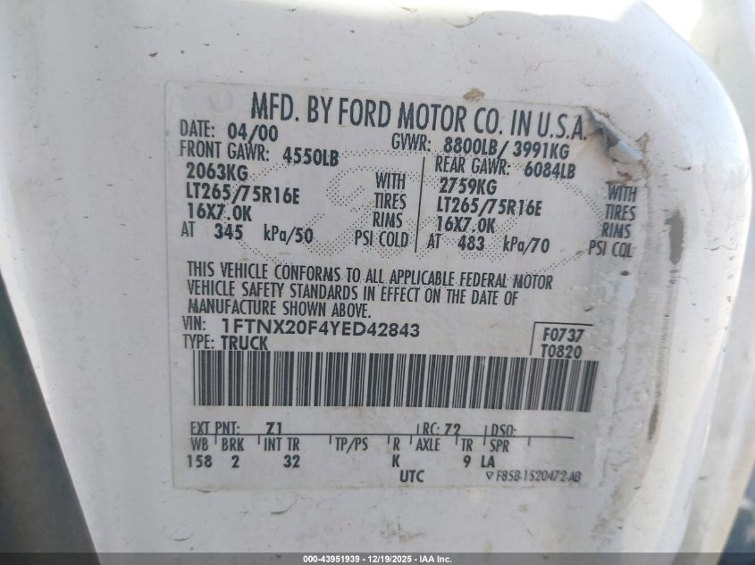 2000 Ford F-250 Lariat/Xl/Xlt VIN: 1FTNX20F4YED42843 Lot: 43951939